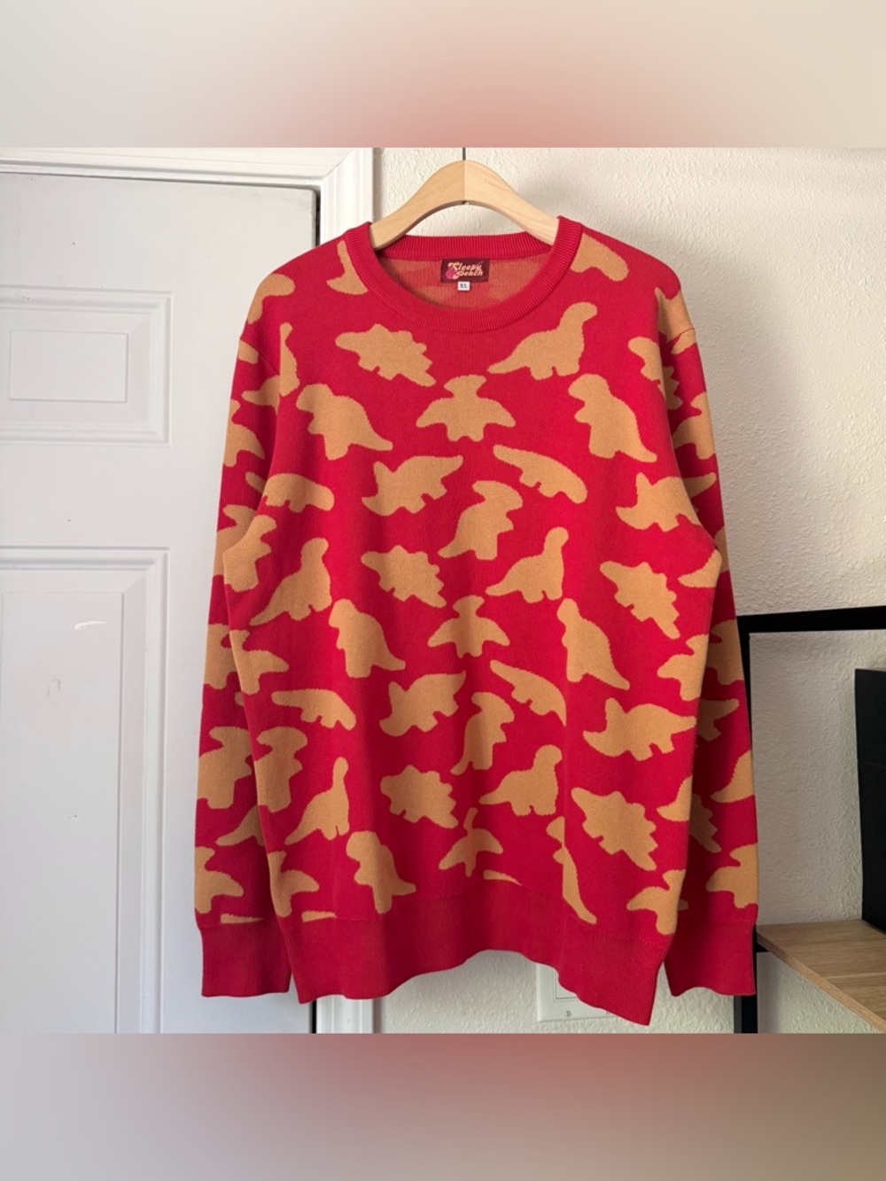 SLEEPY PEACH red orange dinosaur camo chunky knit crew neck pullover sweater